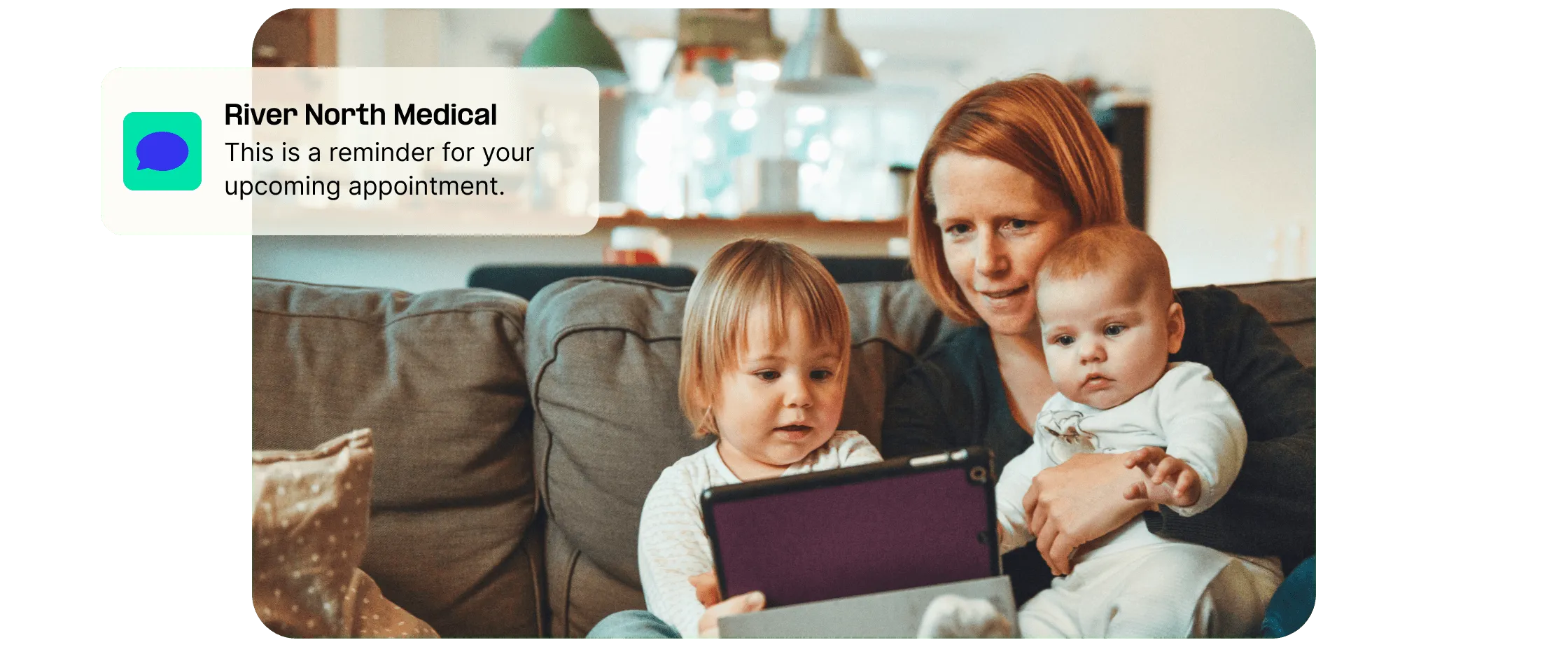 Appointment Reminders Image- Mother with 2 children receiving reminder of upcoming medical appointment.