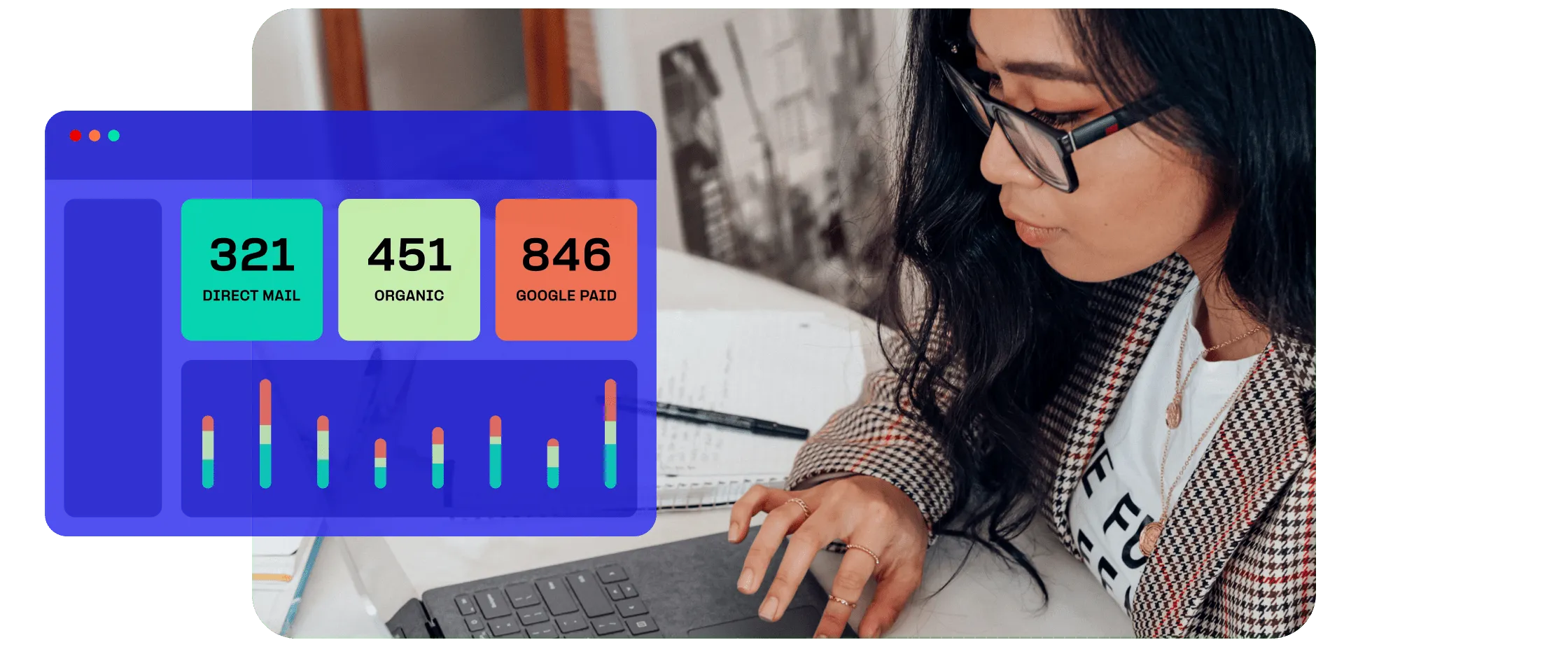 Woman looks at call tracking dashboard