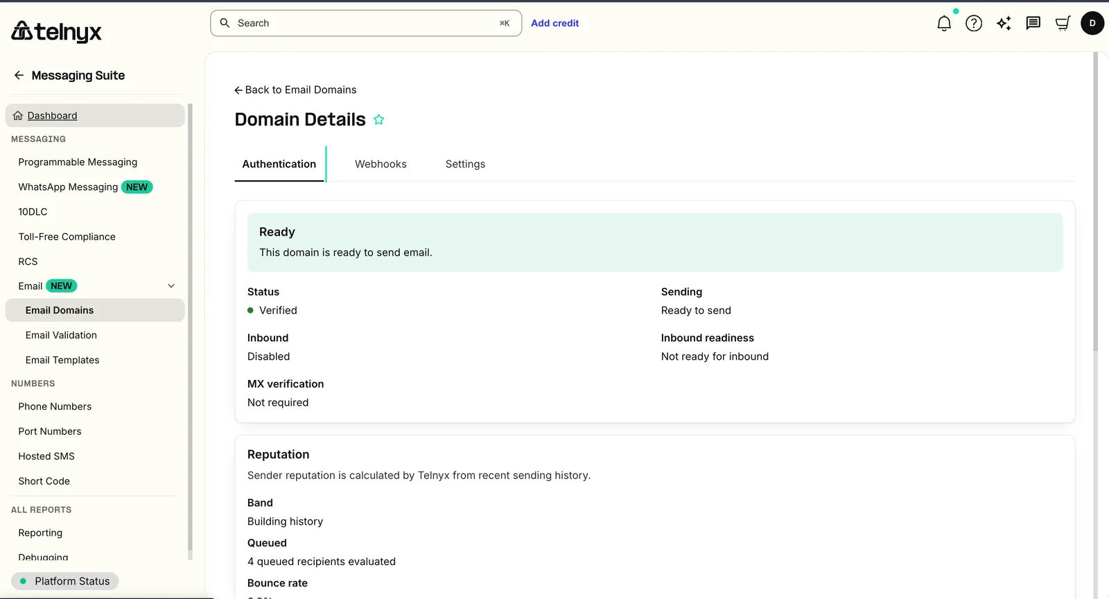 Email Domains in the Telnyx portal: add and verify sending domains, review DNS records, and monitor domain health