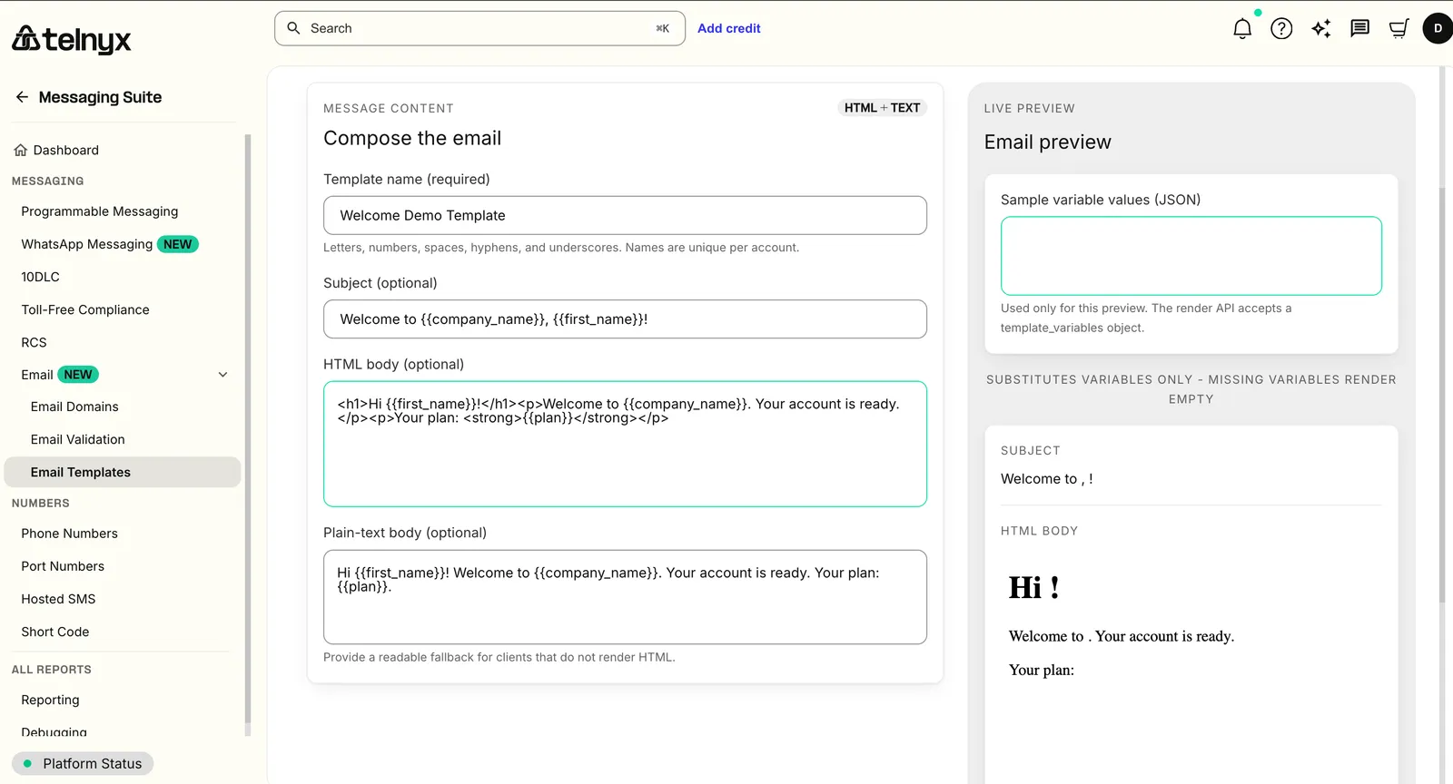 Email Templates in the Telnyx portal: create, edit, and preview templates with Liquid variables