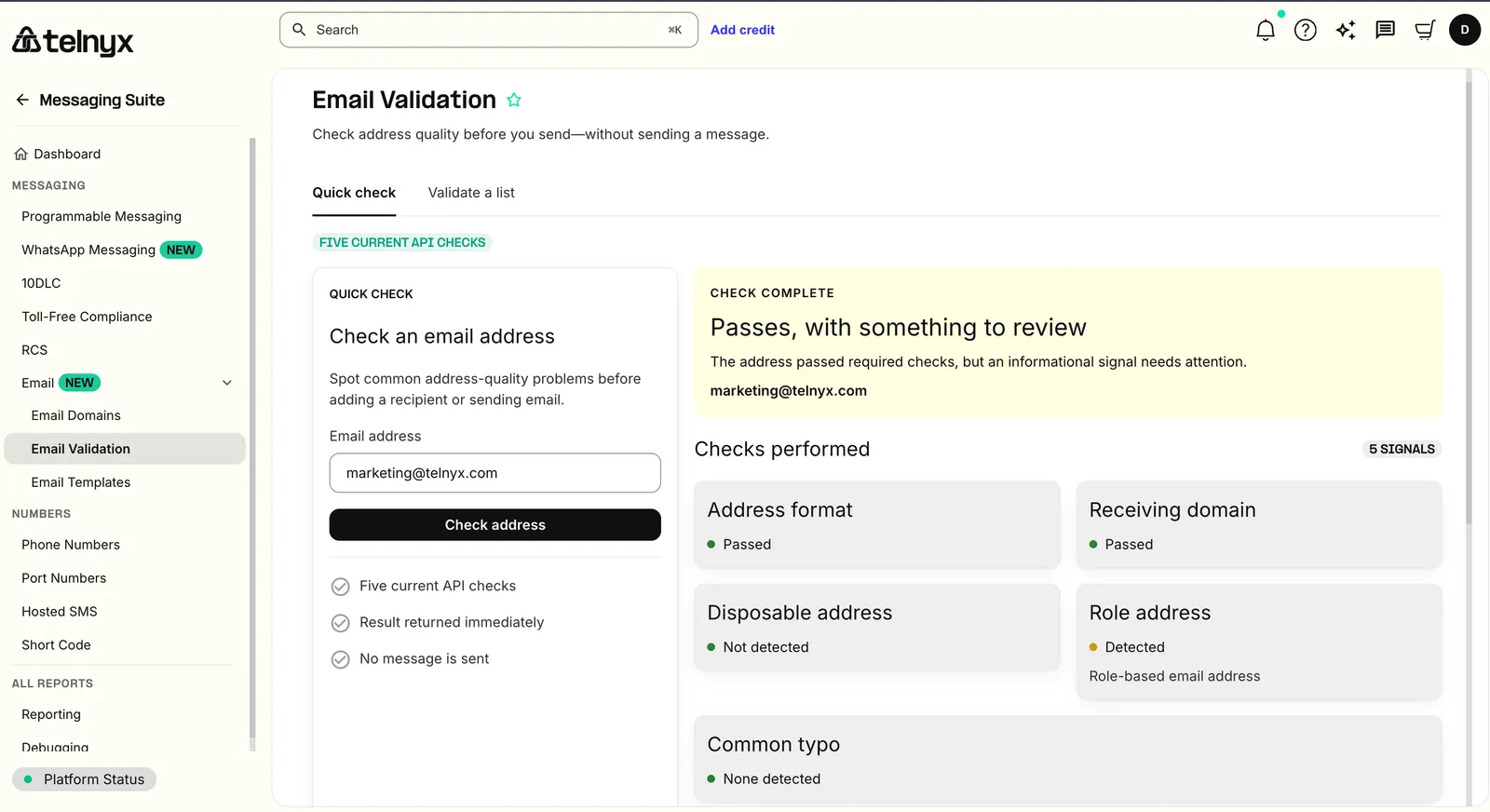 Email Validation in the Telnyx portal: validate a single address or run batch checks before sending
