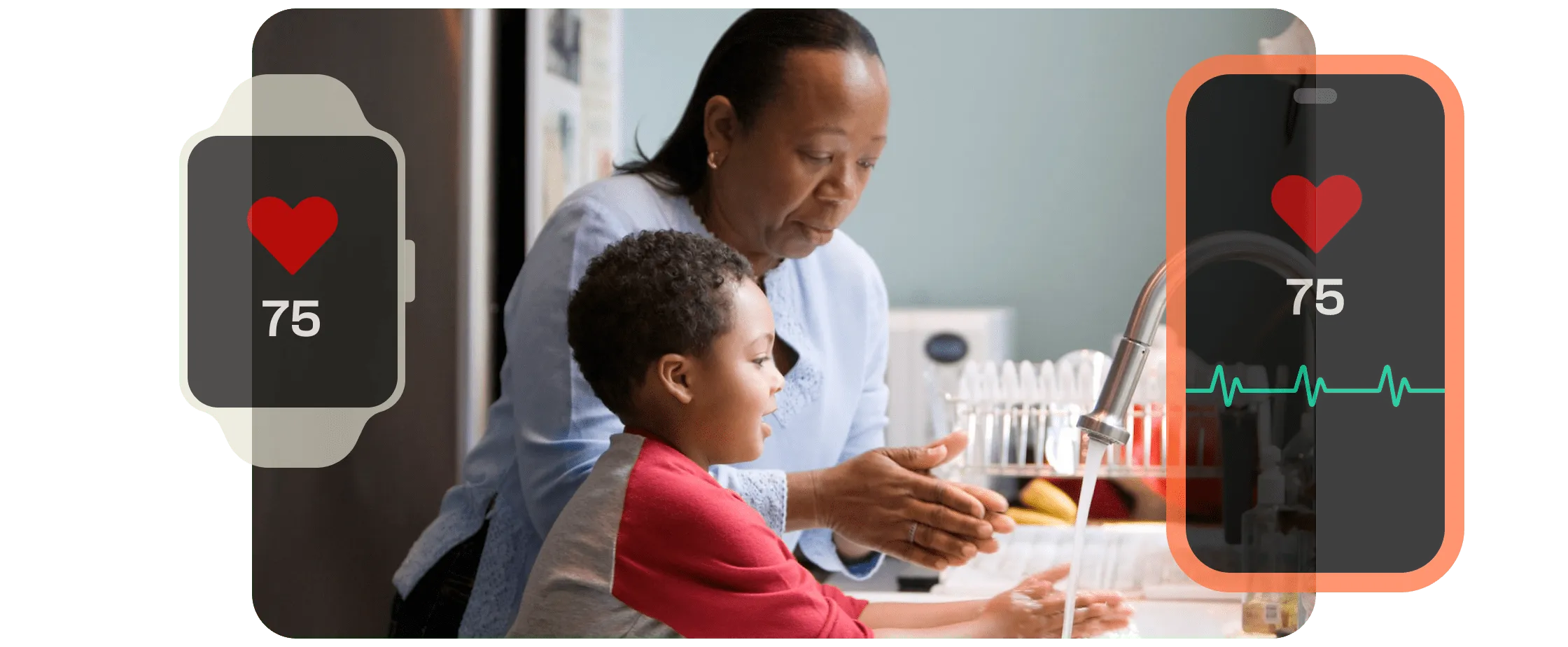 Elderly female uses IoT wearable to monitor heart rate. Wearable data accessible in mobile phone.