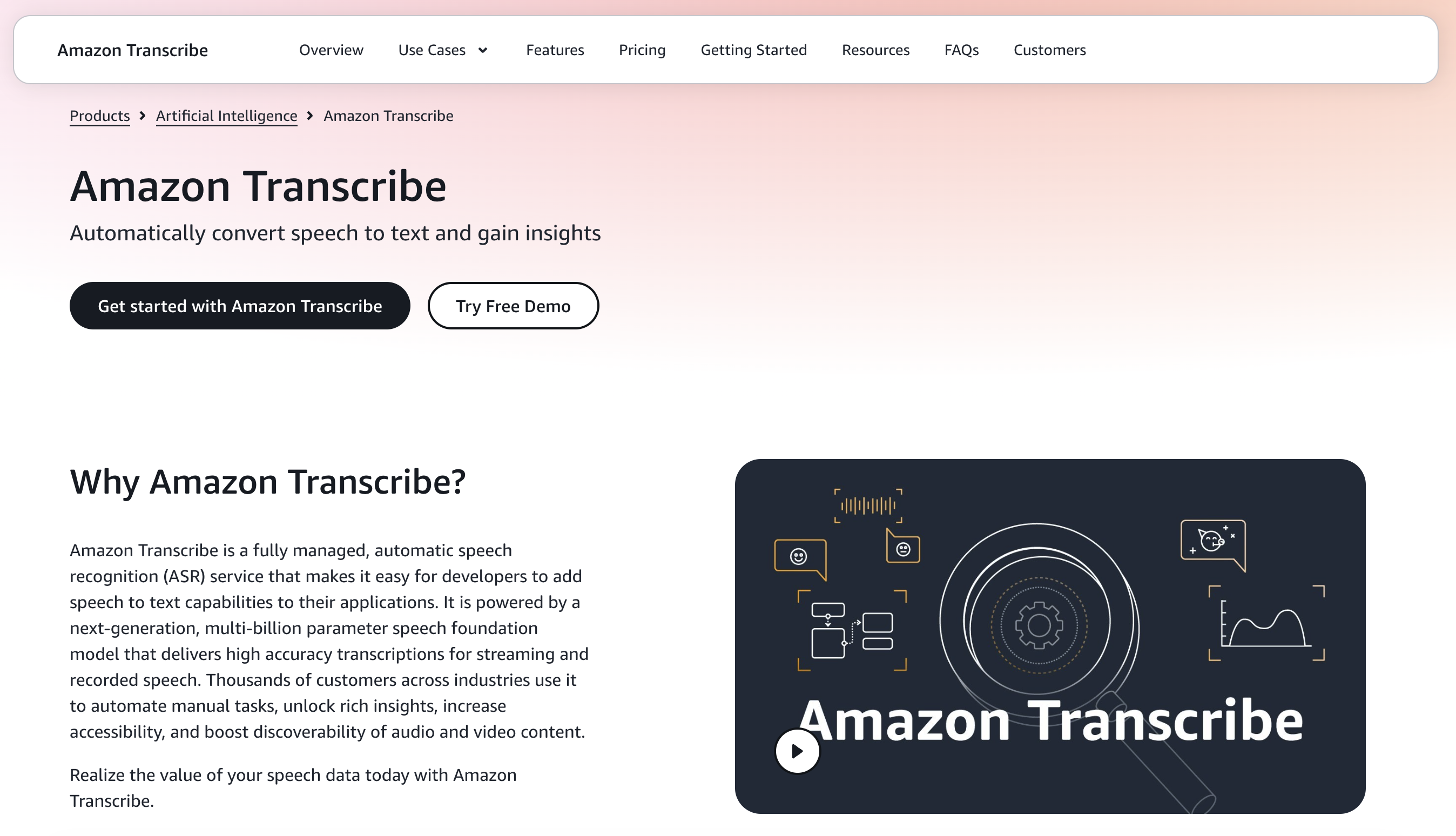 Amazon Transcribe Homepage