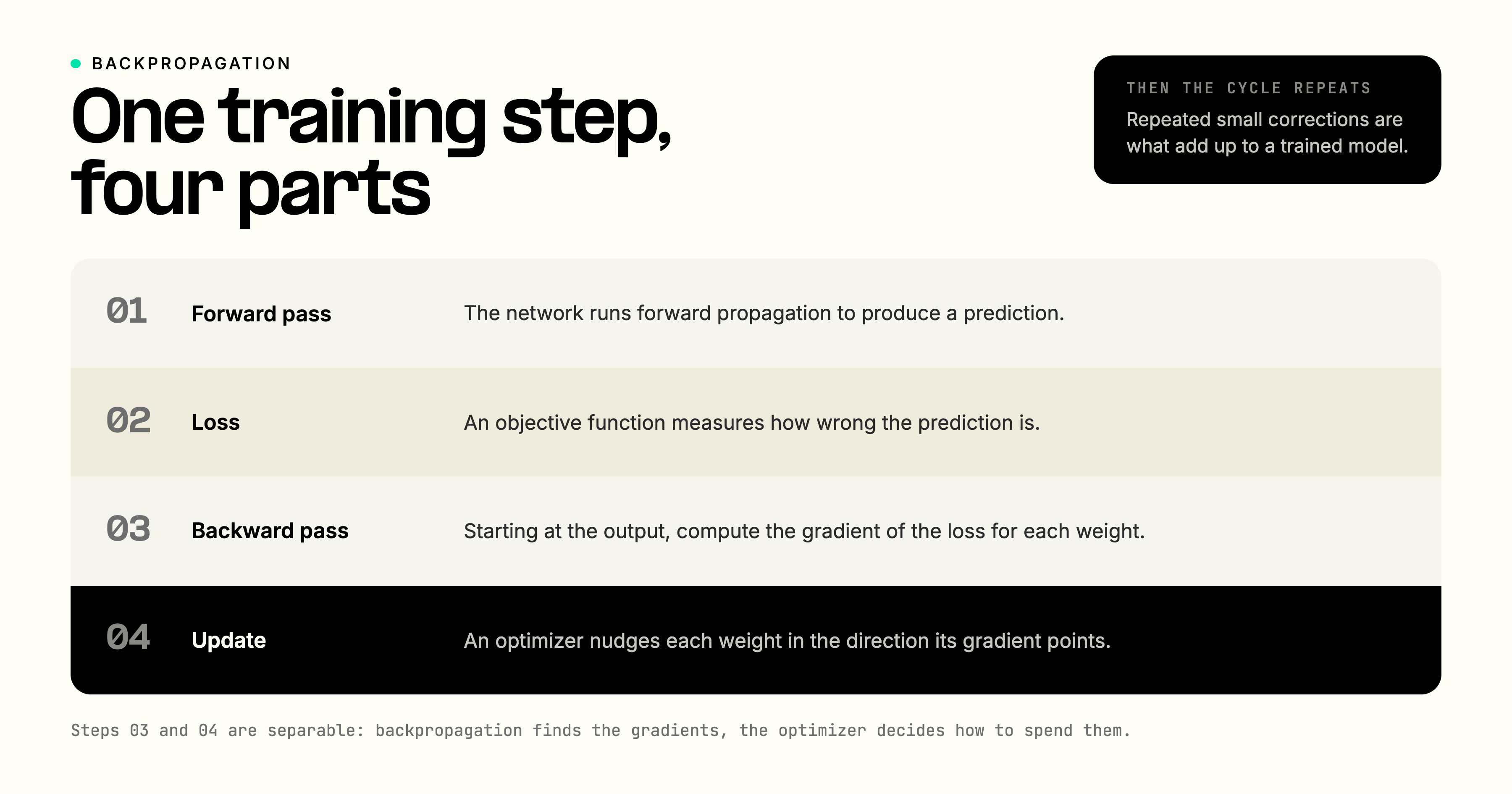 Backpropagation as one training step in four parts: the forward pass produces a prediction, the loss measures the error, the backward pass computes the gradient of the loss for each weight, and an optimizer updates the weights, then the cycle repeats.