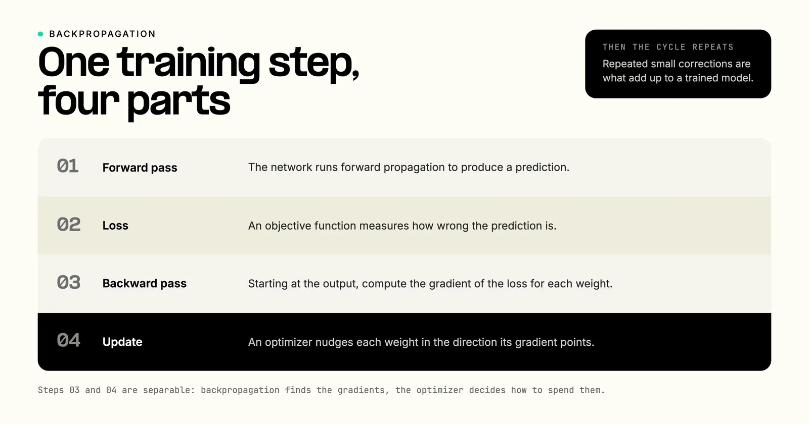 Backpropagation as one training step in four parts: the forward pass produces a prediction, the loss measures the error, the backward pass computes the gradient of the loss for each weight, and an optimizer updates the weights, then the cycle repeats.