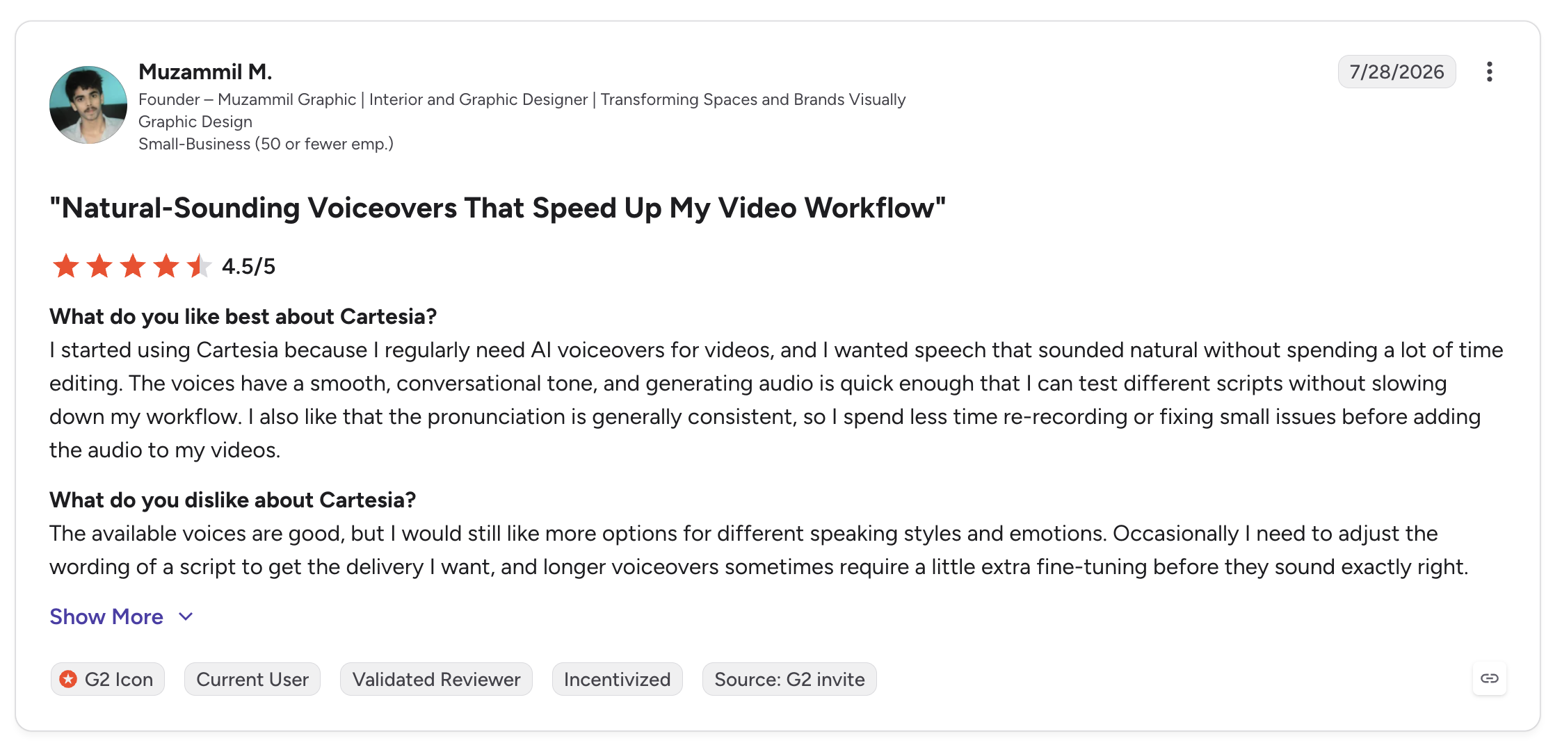 G2 review of Cartesia describing natural-sounding voiceovers and video workflow
