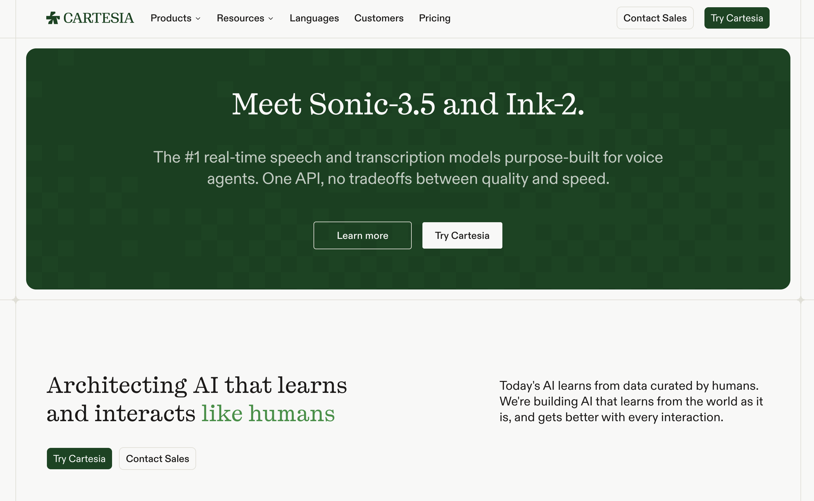 Cartesia homepage showing Sonic 3.5 and Ink 2 voice models