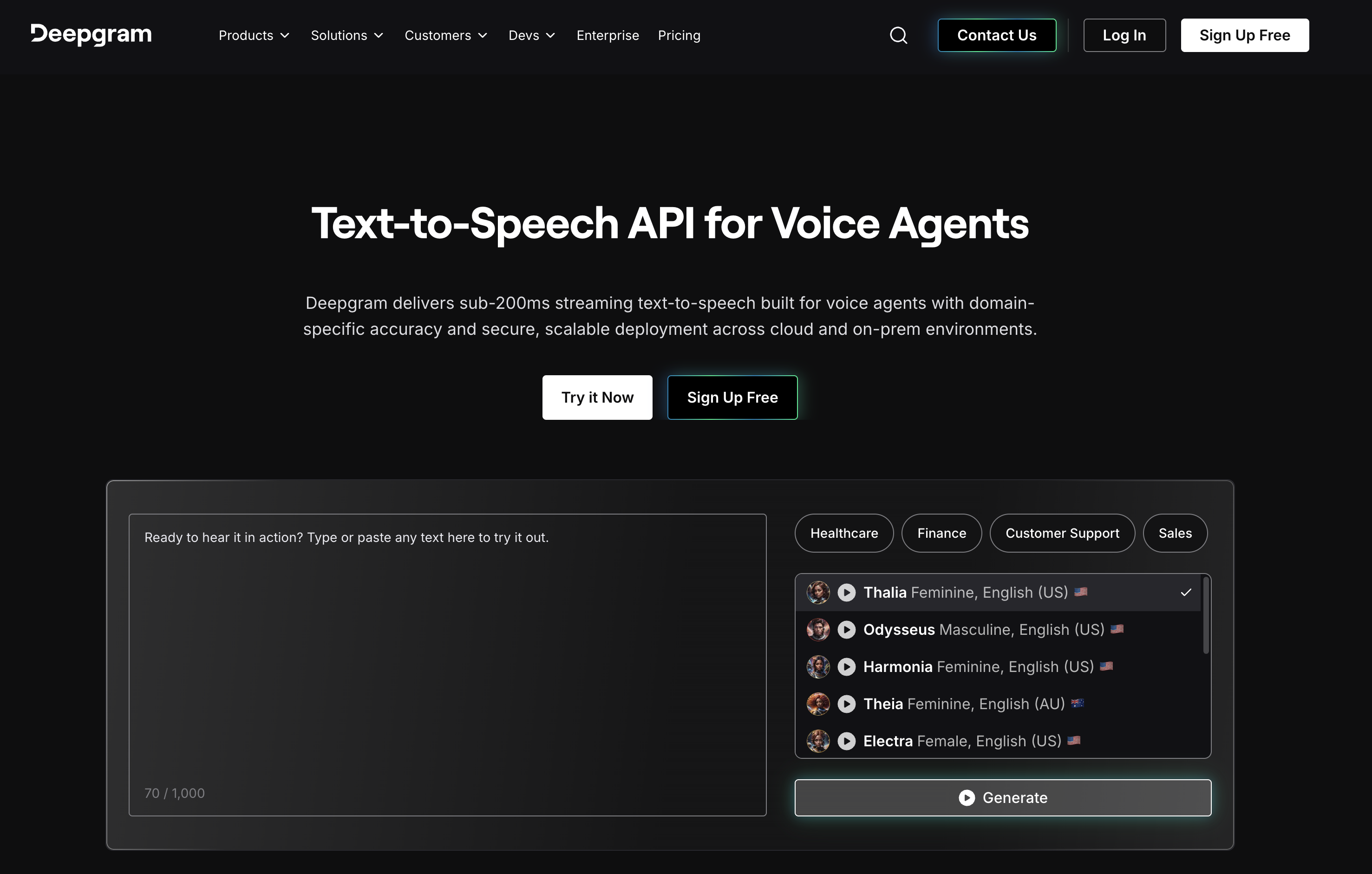 Deepgram homepage showing its text-to-speech API for voice agents