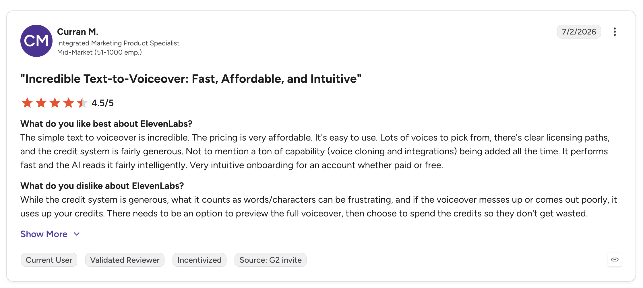 G2 review of ElevenLabs discussing voiceover quality, pricing, and credit usage