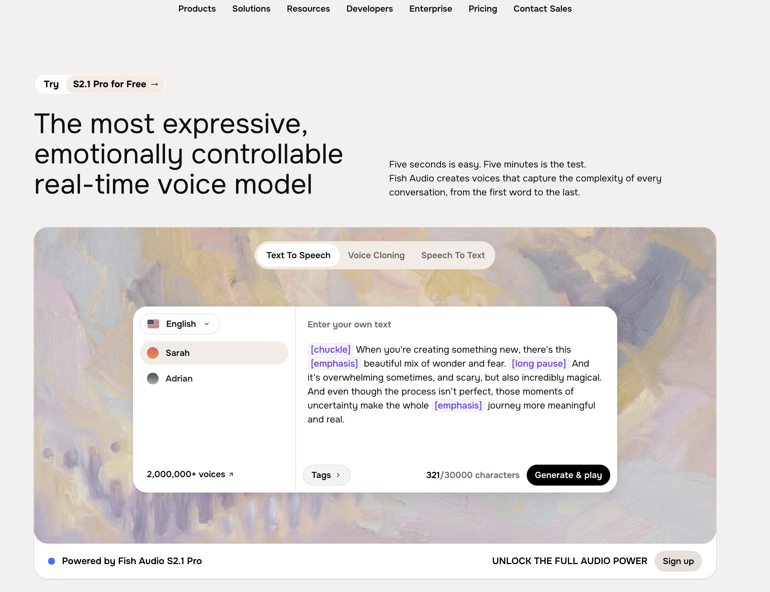 Fish Audio homepage showing its expressive real-time voice model