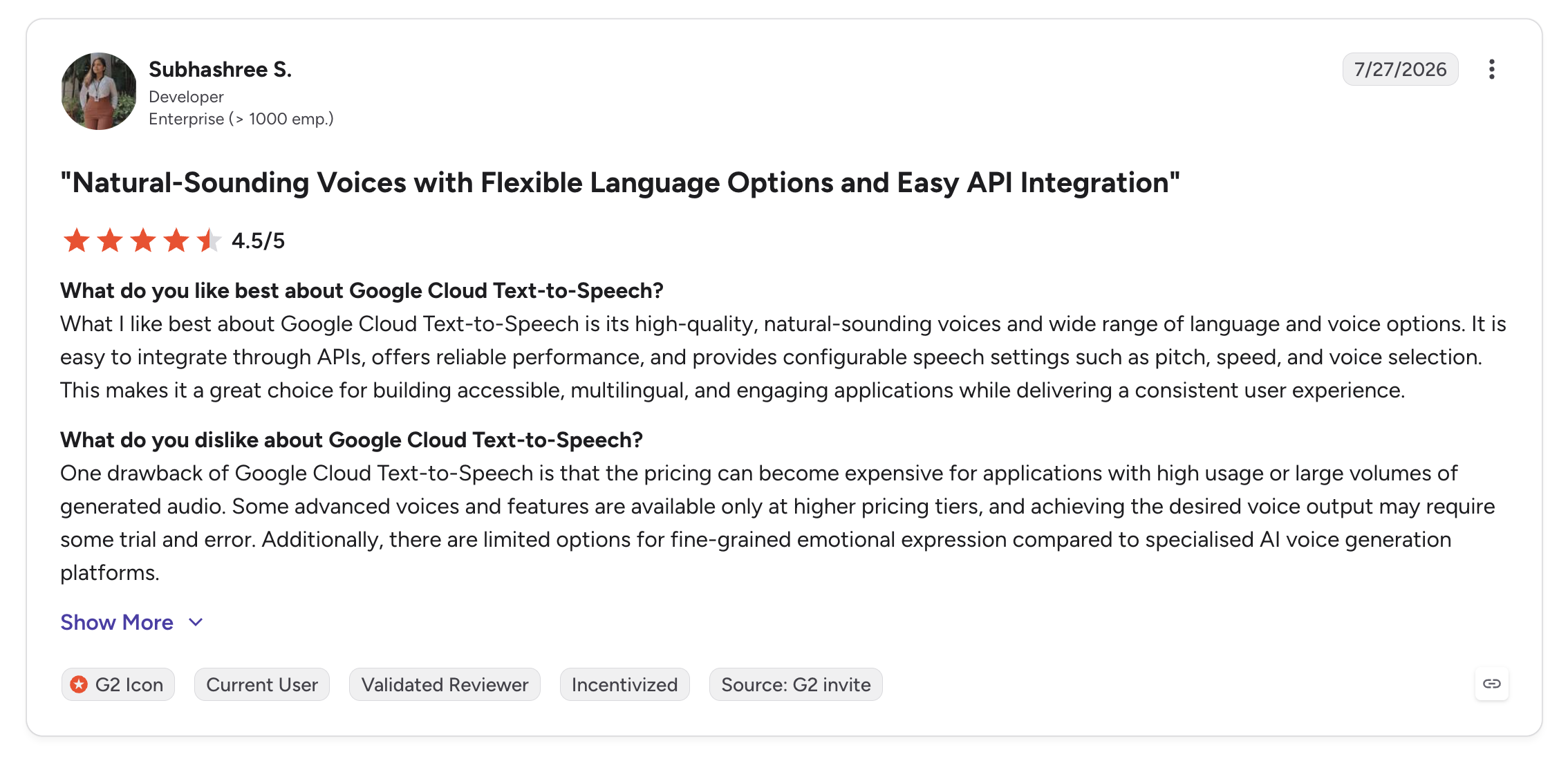 G2 review of Google Cloud Text-to-Speech discussing voice quality, languages, and API integration