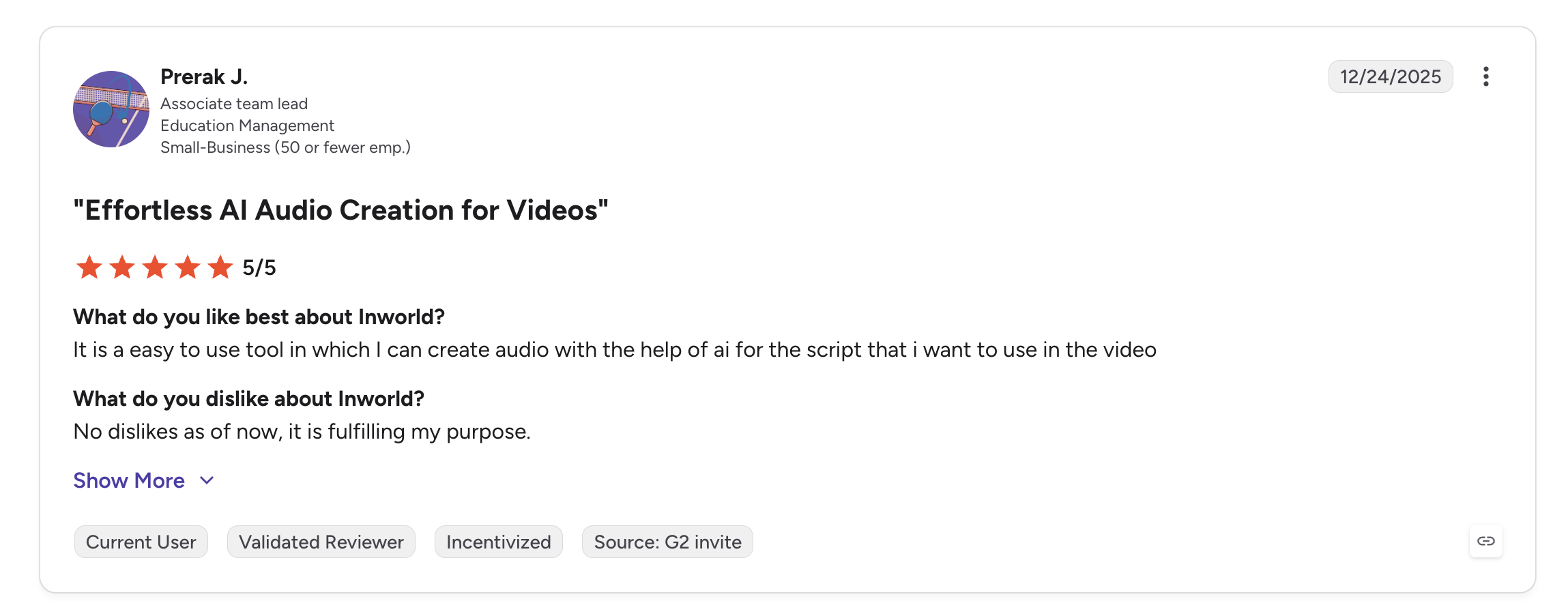 G2 review of Inworld describing AI audio creation for video workflows
