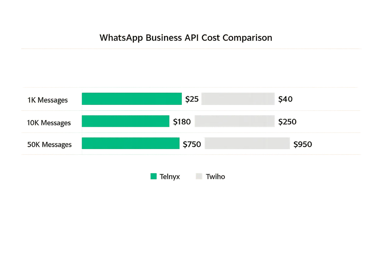 Telnyx vs Twilio WhatsApp messaging cost comparison at 1K, 10K, and 50K message volumes