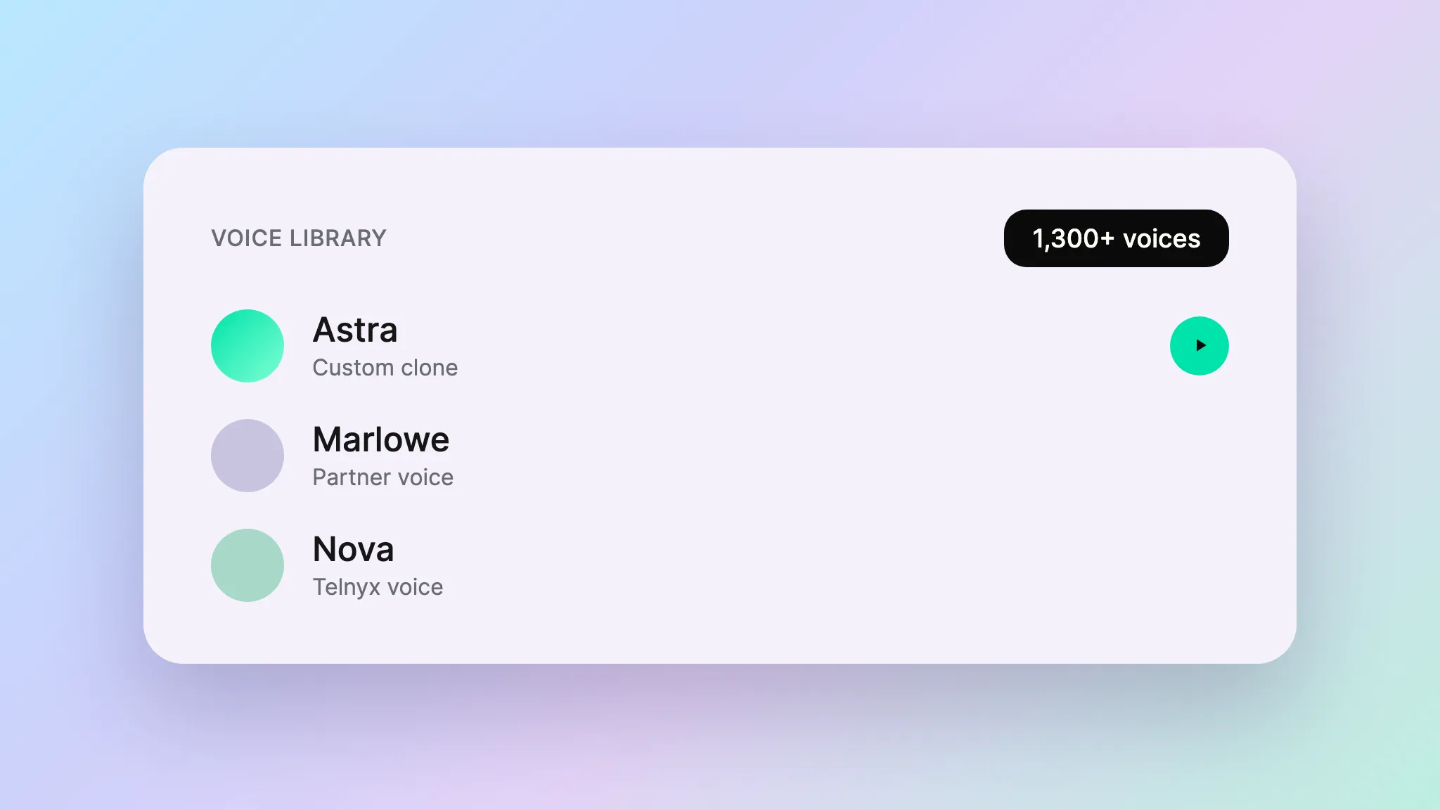 Voice Design Lab voice library showing 1,300+ Telnyx, partner, and custom voices