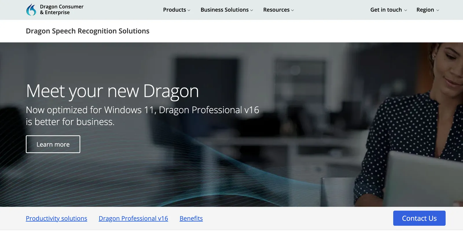 Dragon Professional v16 voice recognition software homepage showing Windows 11 support