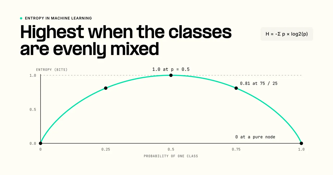 Binary-class entropy curve peaking at one bit when both classes have equal probability and falling to zero at pure nodes.