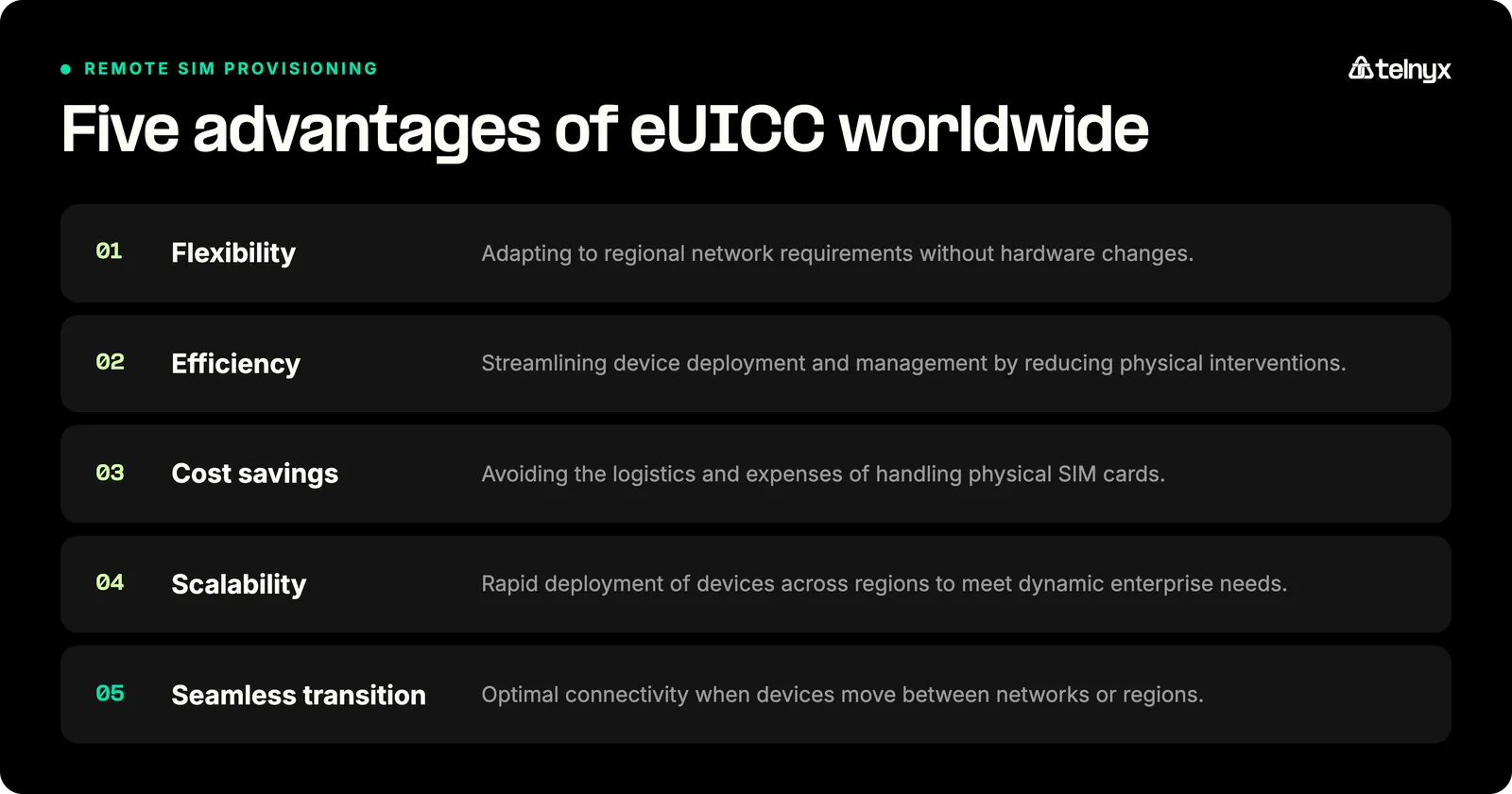 Five advantages of eUICC for global deployments: flexibility, efficiency, cost savings, scalability, and seamless transition between networks