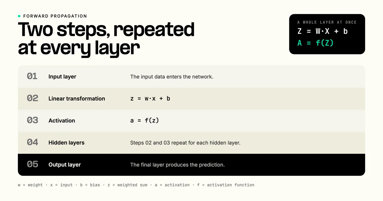 Forward propagation as two steps repeated at every layer: a linear transformation z = w times x plus b, followed by an activation a = f(z), moving across input, hidden, and output layers, with the whole-layer form Z = W times X plus b then A = f(Z).