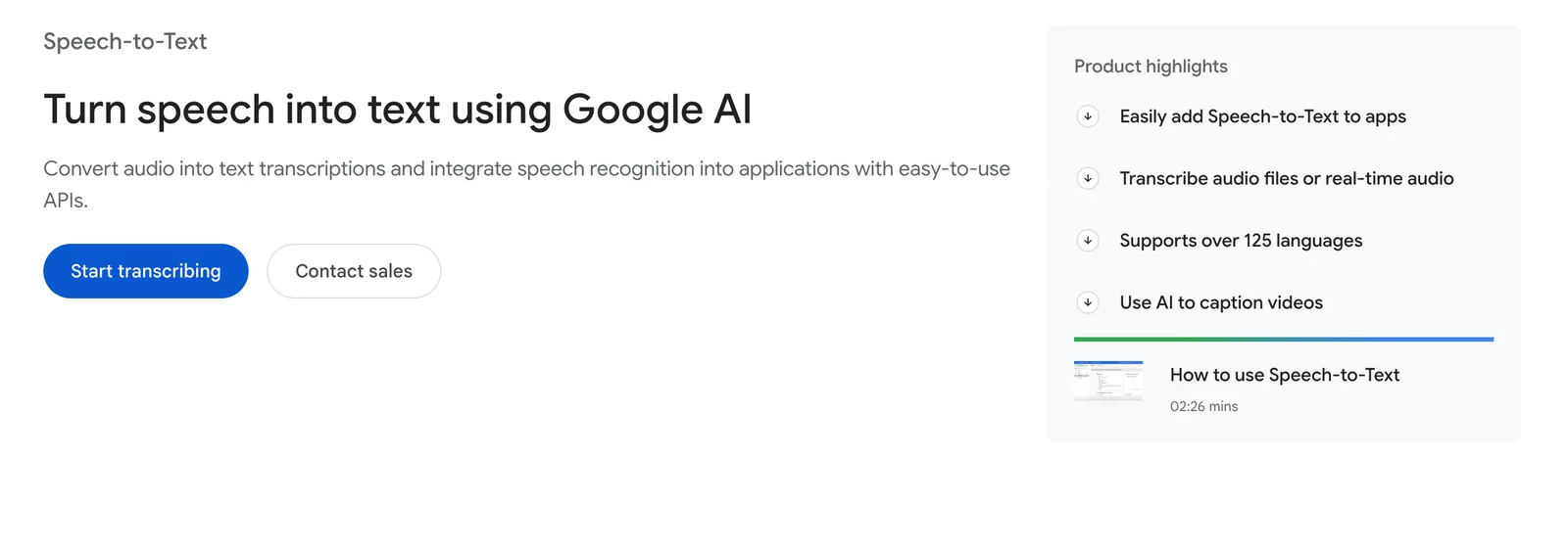 Google Cloud Speech-to-Text Homepage