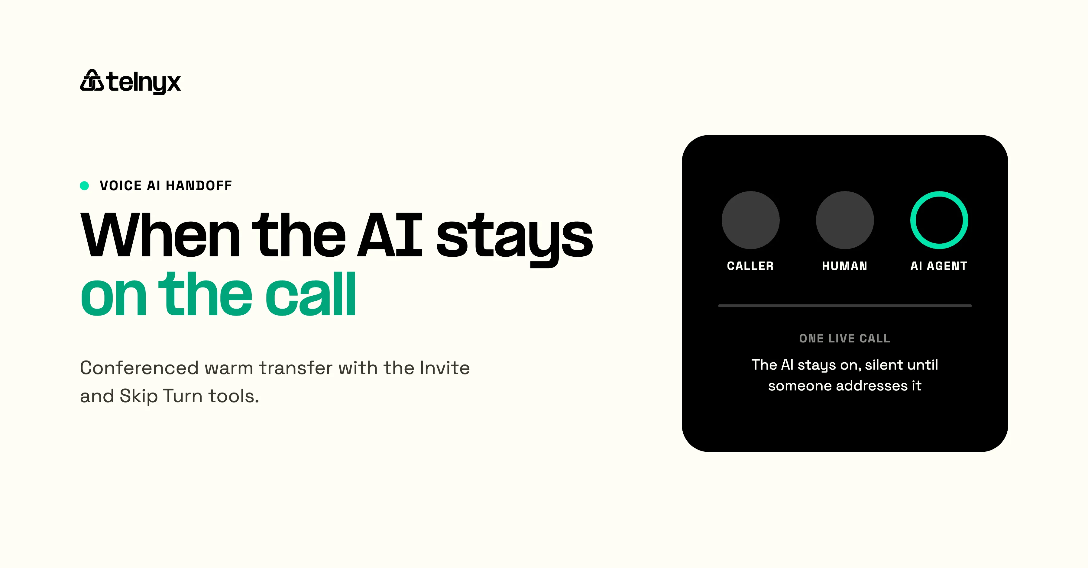 Caller, human, and AI agent on one live call during a conferenced warm transfer