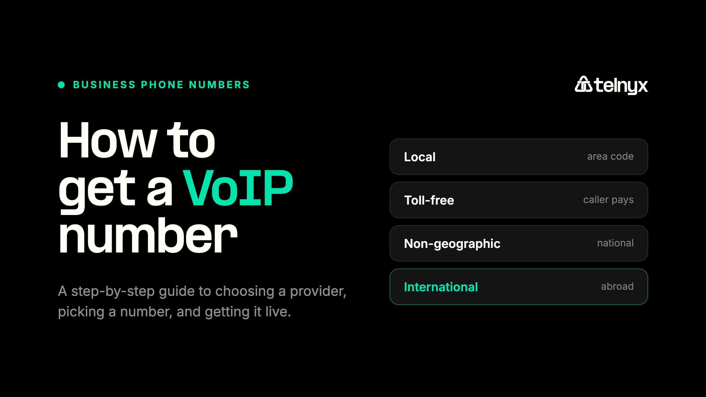 Guide cover for how to get a VoIP number, listing local, toll-free, non-geographic and international number types
