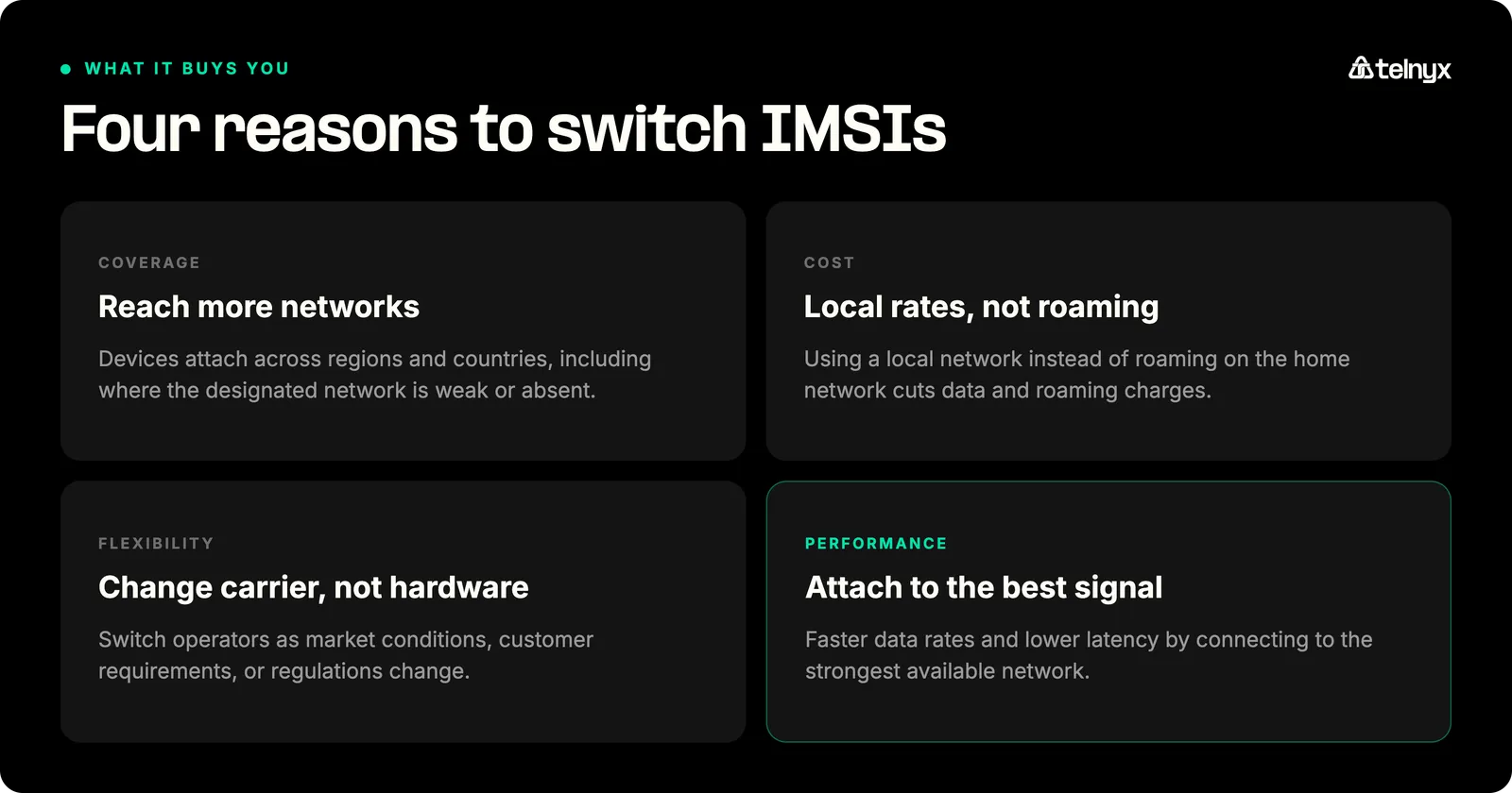 Four reasons to switch IMSIs: reach more networks, pay local rates instead of roaming, change carrier without changing hardware, and attach to the strongest available signal