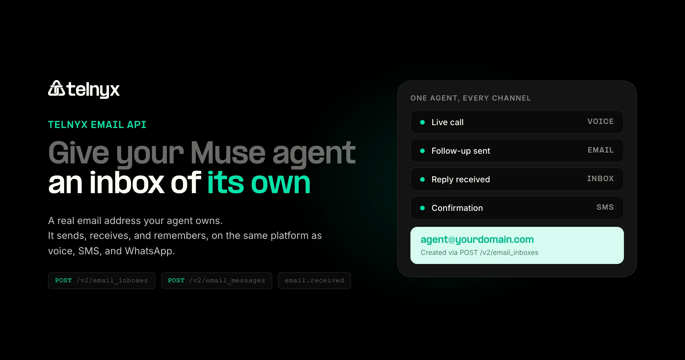 Telnyx Email API cover: give your Muse agent an inbox of its own