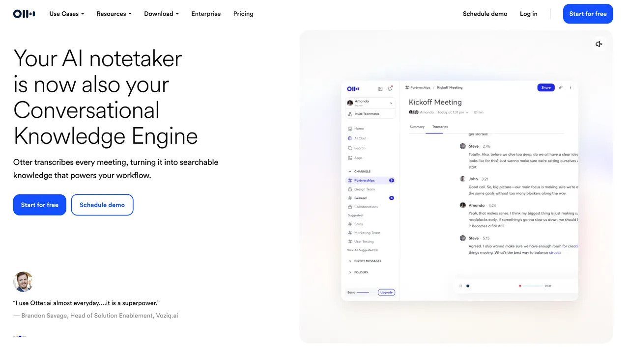 Otter.ai homepage showing its AI meeting notetaker and searchable meeting transcript interface