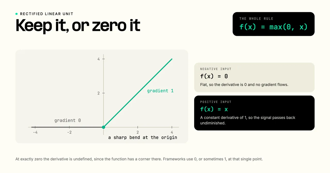 The ReLU activation function graphed: a flat line at zero for all negative inputs and a straight 45-degree line for positive inputs, meeting at a sharp bend at the origin, showing f of x equals the maximum of 0 and x.