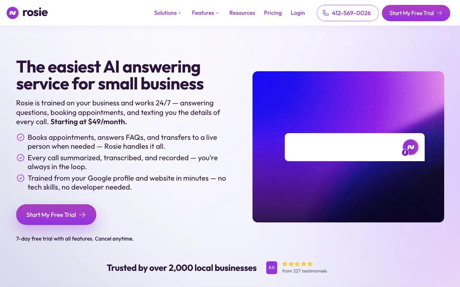 Rosie AI answering homepage