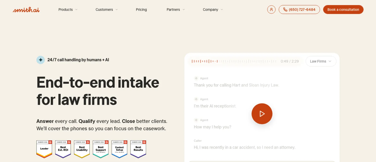 Smith.ai AI receptionist homepage