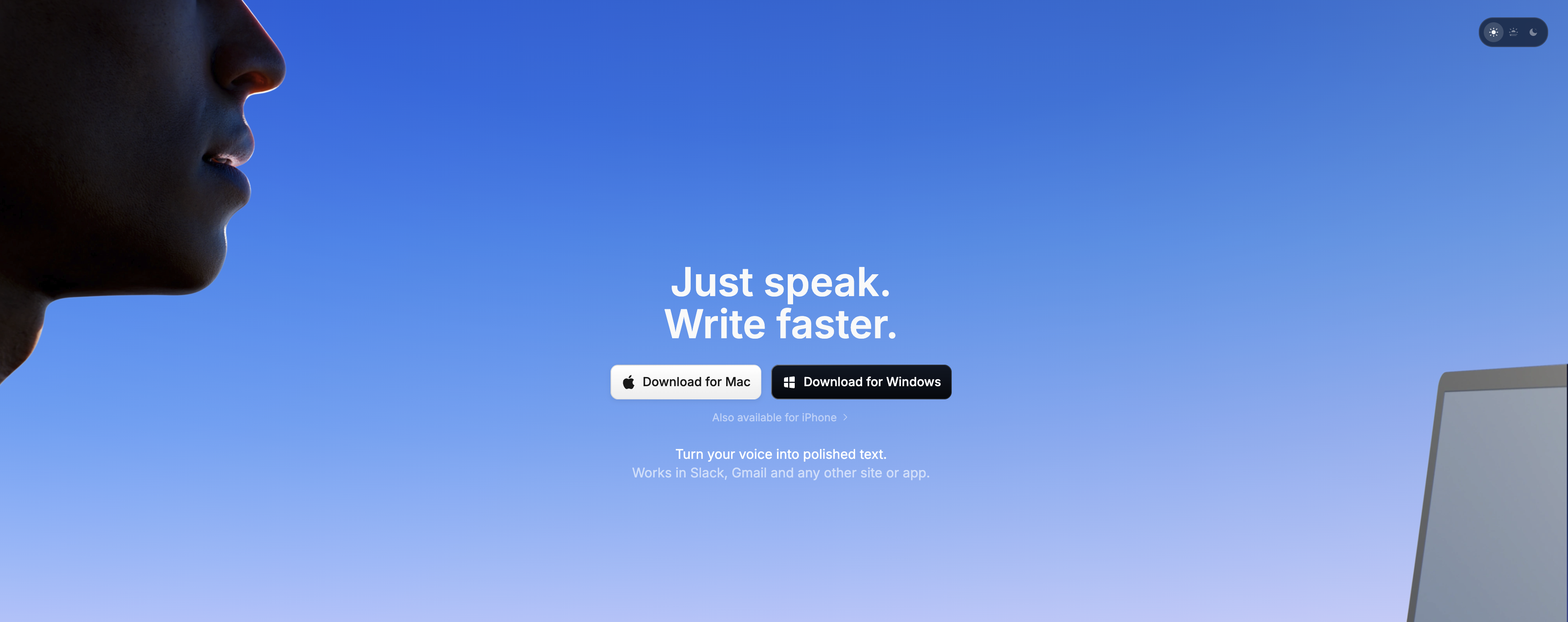 superwhisper voice-to-text software homepage with downloads for Mac and Windows