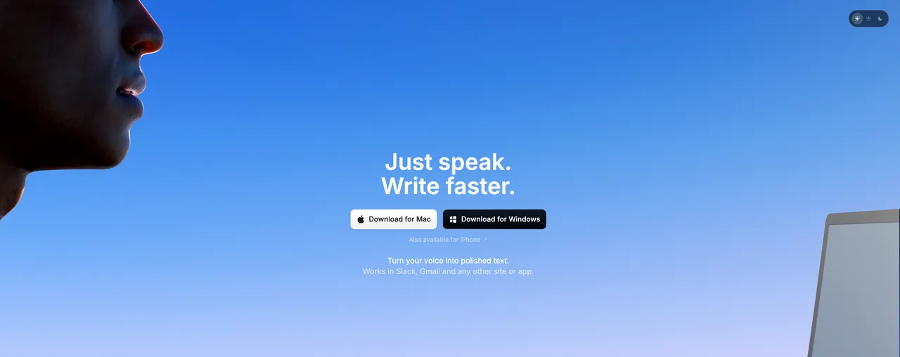 superwhisper voice-to-text software homepage with downloads for Mac and Windows