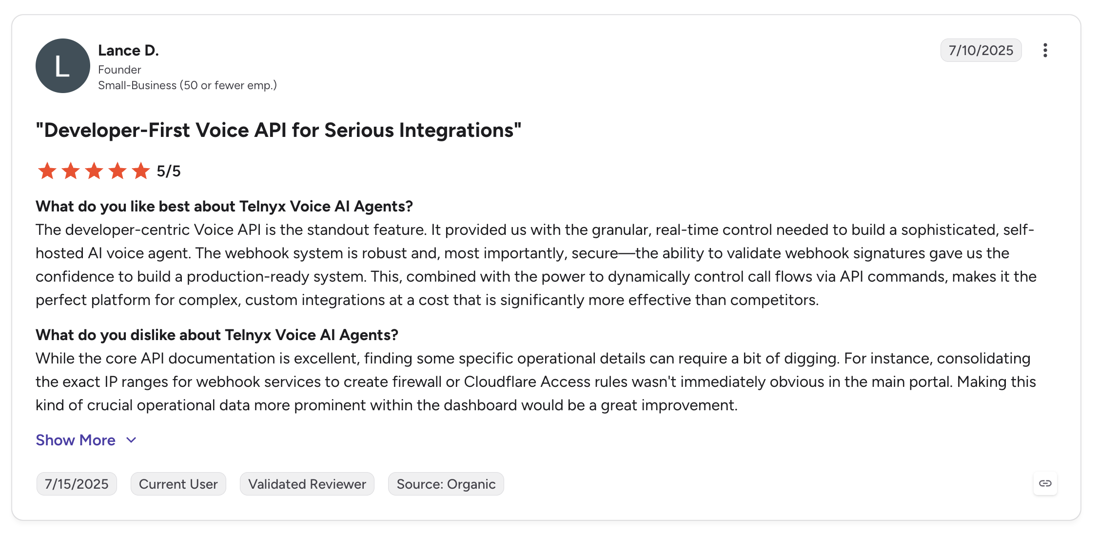 G2 customer review praising Telnyx Voice AI Agents for developer-first integrations
