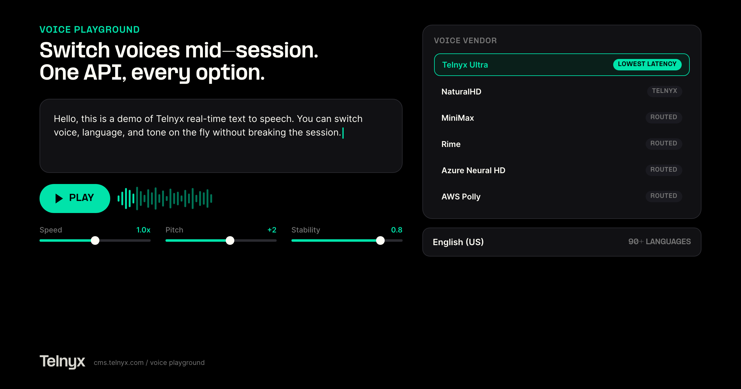 Telnyx Voice Playground UI with selectable voice vendors