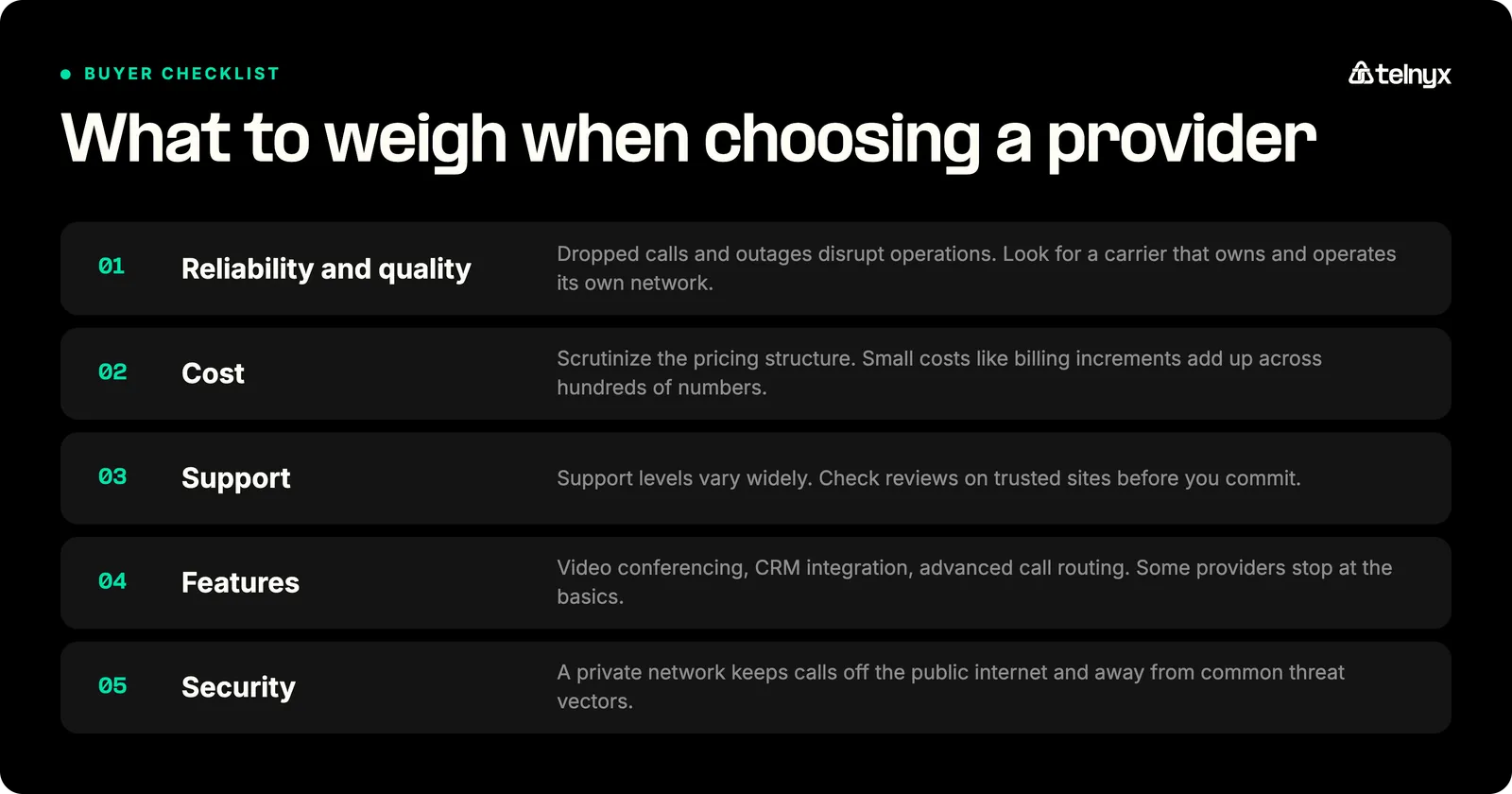 Five criteria for choosing a VoIP provider: reliability and quality, cost, support, features, and security