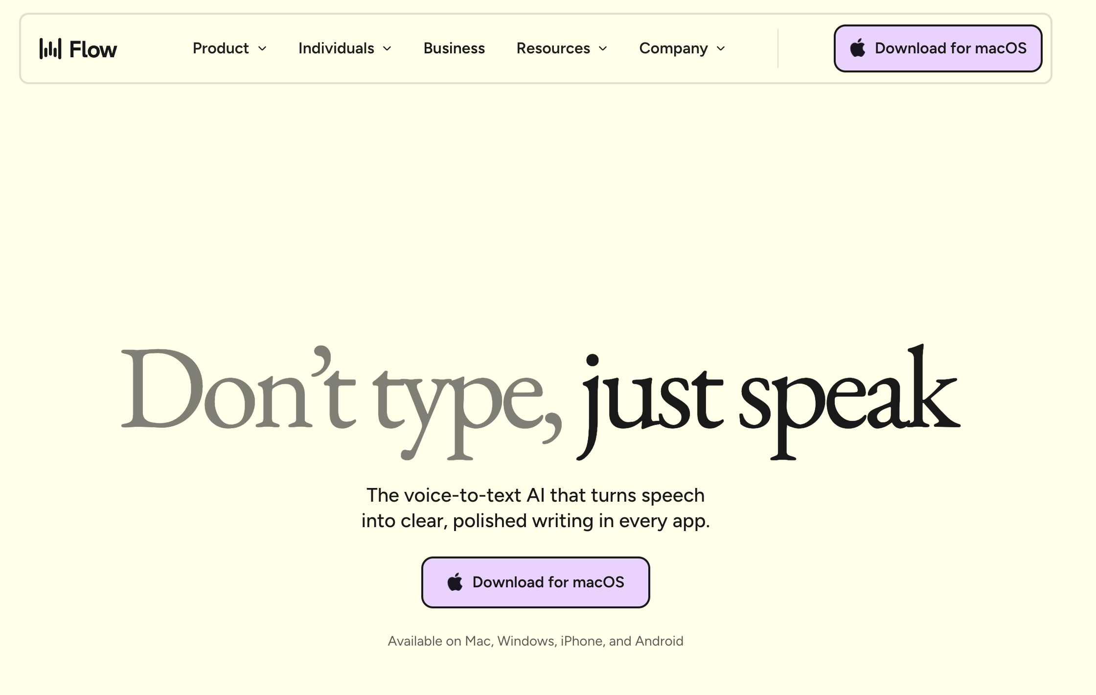 Wispr Flow homepage showing its voice-to-text software for dictation across Mac, Windows, iPhone, and Android