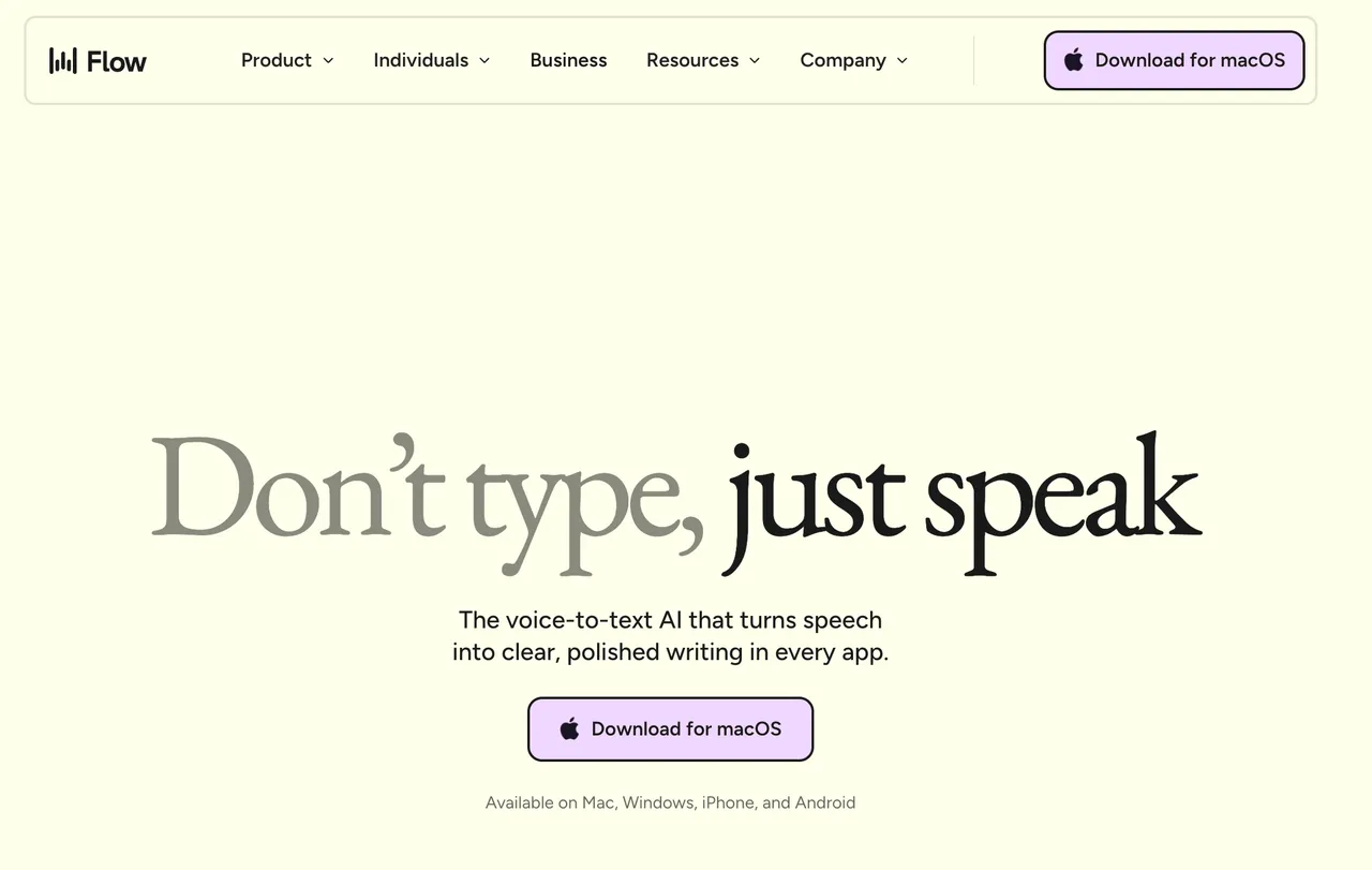Wispr Flow homepage showing its voice-to-text software for dictation across Mac, Windows, iPhone, and Android