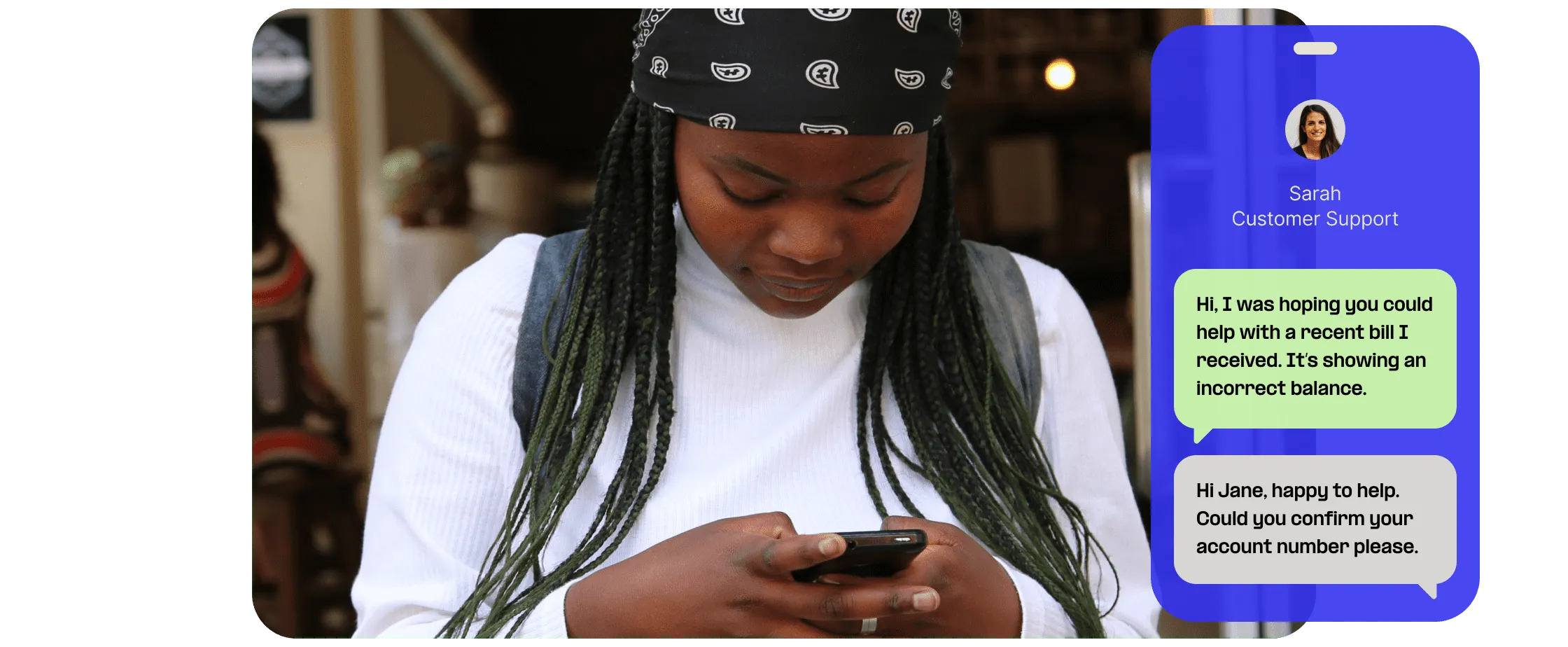 Woman receives text from customer service