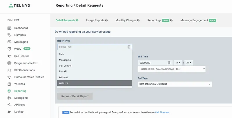 Requesting WebRTC Call Detail Records in the Mission Control Portal
